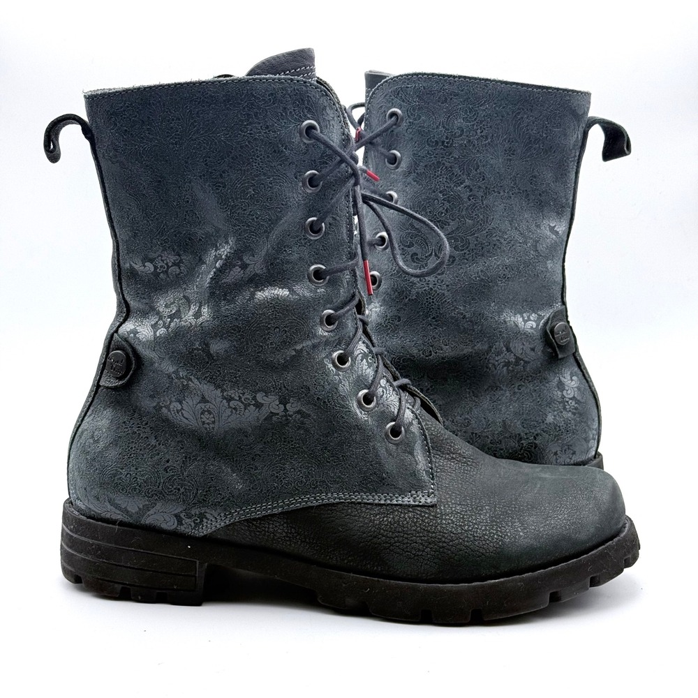 Think! Combat Boots Womens 38 Damask Embossed Leather Lace Up Side Zip Lug